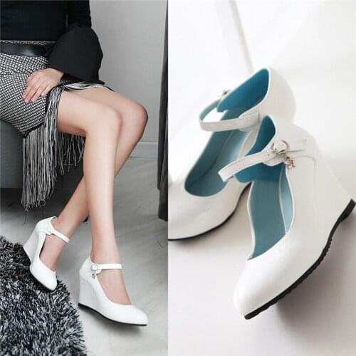 2020 Spring Mary Jane Shoes Woman High Heels Wedges Shoes for Women Round Toe Patent Leather Buckle Strap Pumps Pink White
