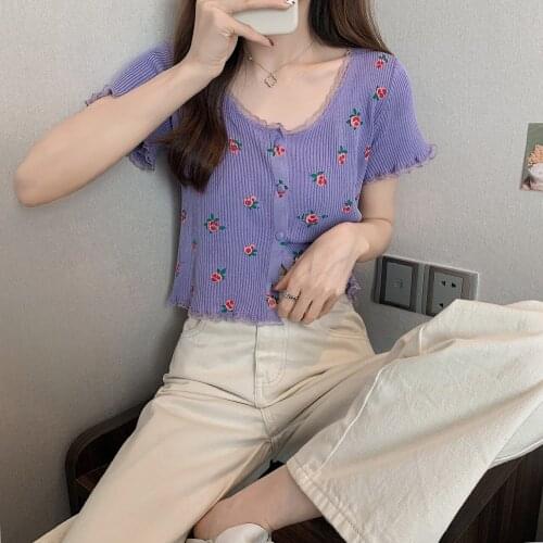 Knitted Cardigan Crop Top Sweater Woman Lace Flower Print 2021 Summer New Cropped Tanks Tee White Red