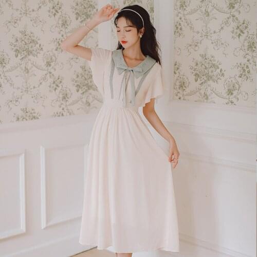 Summer Dress French Temperament Lapel Bowknot Embroidered Gentle Fairy Dresses Women High Waist Pure Color Elegant Vestidos