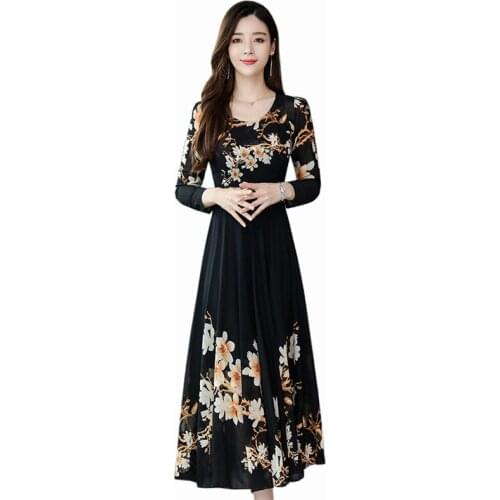 Women Chiffon Long Dress Floral Print Long Sleeve A-line Autumn New Elegant Vintage O-Neck Dresses