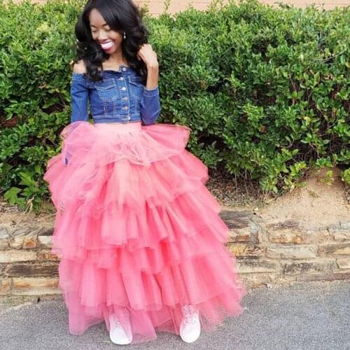 2019 Trendy Rose Red Ruffles Tiered Long Tulle Skirts Zipper Style Puffy Rigid Women Tulle Skirt Custom Made Female Bottom