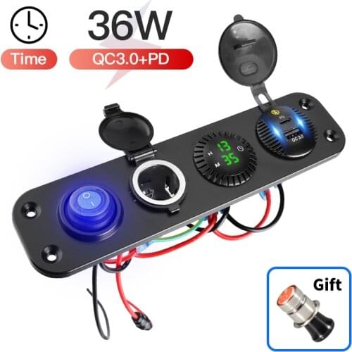 Car Charger Pd & QC3.0 Usb Quick Charge 12V/120W Led Time Clock Waterproof Cigarette Lighter Power Outlet Toggle Switch Panel
