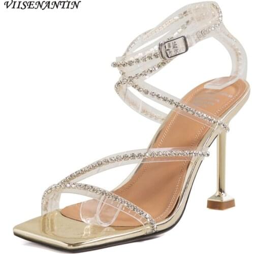 High-heeled sandals female stiletto open toe summer 2021 new sexy fairy feng shui drill square head strap roman shoes