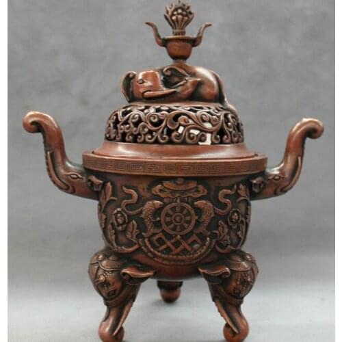 Fast shipping USPS to USA S1381 10" Tibet Bronze Auspicious Elephant Statue Red Copper Incense Burner Censer