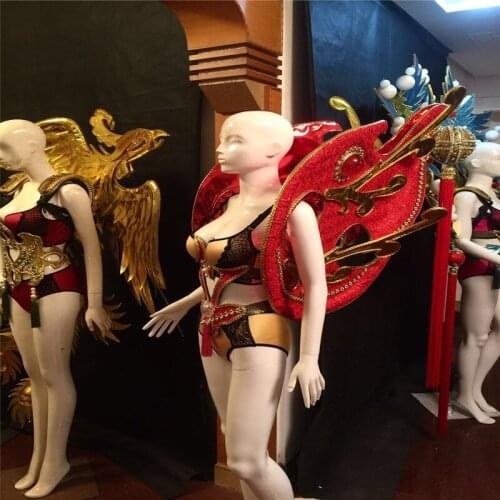 MD05 Red women backplan ballroom dance stage wears models performance lady show dress bikini dj outfit party clothe wings disco