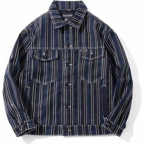 Mcikkny Men Vintage Stripe Denim Jacket Coats Cargo Multi Pocket Plaid Outwear Tops For Male Size M-4XL Streetwear
