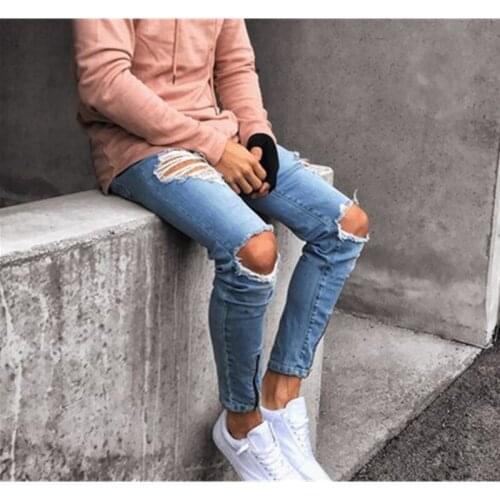 Men Skinny Ripped Jeans Hip Hop Zipper Trouser Leg Fit Denim Pants Male Pencil Bottoms Street Knee Holes Grasp The Grain Jeans