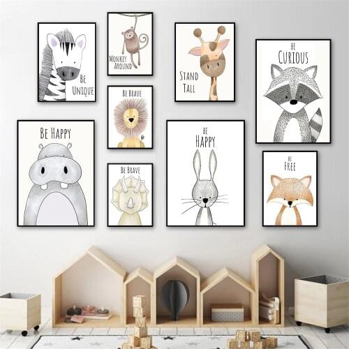 Nordic Woodland Animal Wall Art Print Zebra Giraffe Lion Canvas Painting Nursery Art Poster Wall Pictures Baby Kids Room Decor