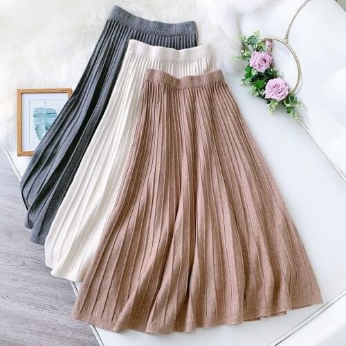 2020 New High Waist Knitted Autumn Winter Thick Long Chic Women A Line Casual Pleated Skirt Faldas Jupe Femme Saia