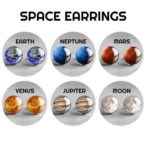 Earth Moon Stars Planet Style Stud Earrings Trinket Glass Cabochon Jewelry Gifts Universe Nebula Galaxy Earings for Women