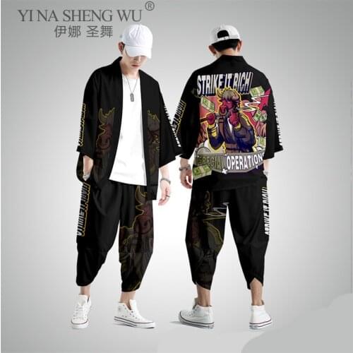 Mens Style Traditional Harajuku Japanese Vintage Fashion Loose Kimono Haori Coat/Pants Streetwear Samurai Costumes Asian Clothes