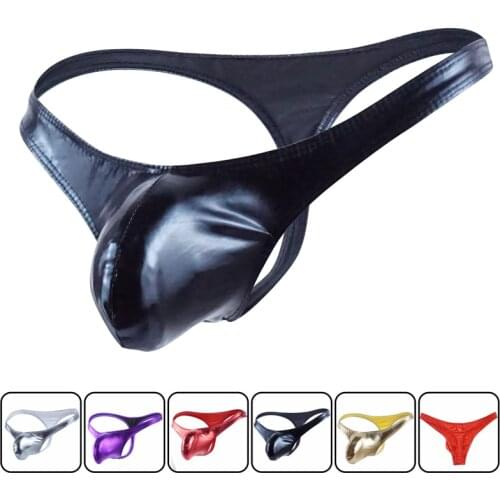 2019 Men Gay Thong Sexy Stripe Cotton Underwear shorts Bare Buttocks Patent Leather Underpants Pouch Thong G-String majtki men