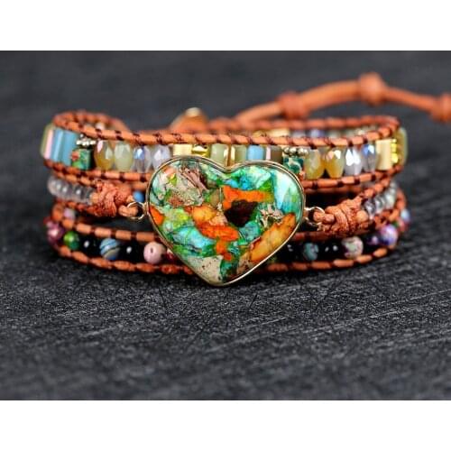 High quality Natural stone heart Charm yoga Wrap Bracelets Handmade boho style jewelry drop shipping
