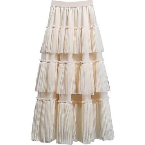 Spring Summer Female High Waist Elastic Ruffle Sweet Cake Layered Long Mesh Skirt Womens Casual A Line Lace Skirts Women Clothes