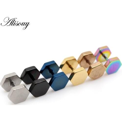 Alisouy 2pc hexagon studs Wholesale Fashion 6 color Stainless Steel Earrings Women‘s Mens Punk Gothic Stud Earring 4/5/6/7/8mm