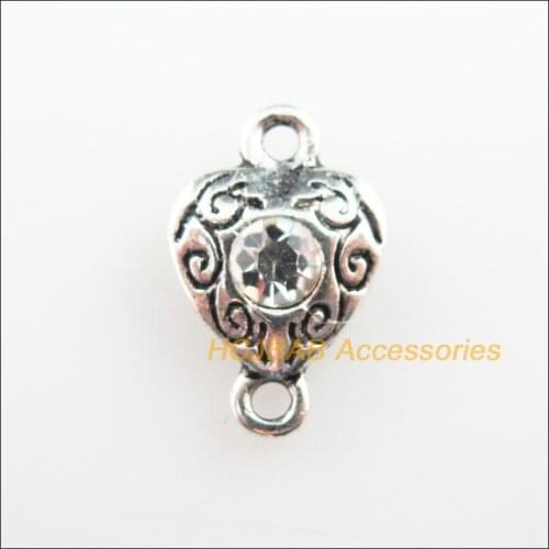 25Pcs Tibetan Silver Color Clear Crystal Heart Charms Connectors Pendants 10x15mm