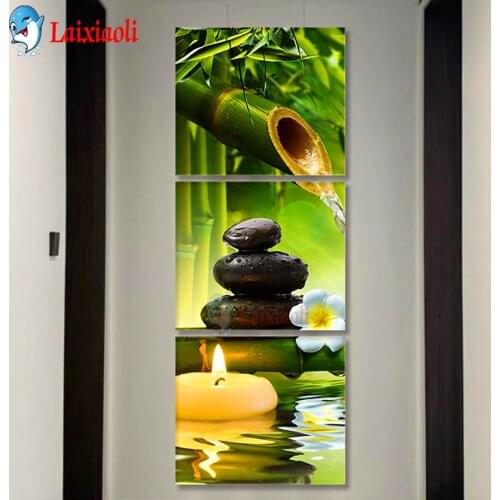 3Panel Diamond Painting SPA Zen Stone Flower Cross Stitch Bamboo Green Wall painting Triptych Home Decor Full Diamond Embroidery