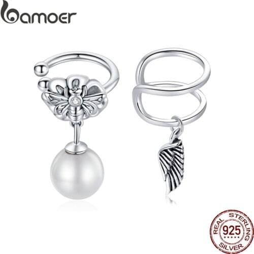 Bamoer 1Piece 925 Sterling Silver Bee Shell Pearl Ear Clip Angel Wing Ear Cuff Heart Beast Teeth Earring for Women Men DIY