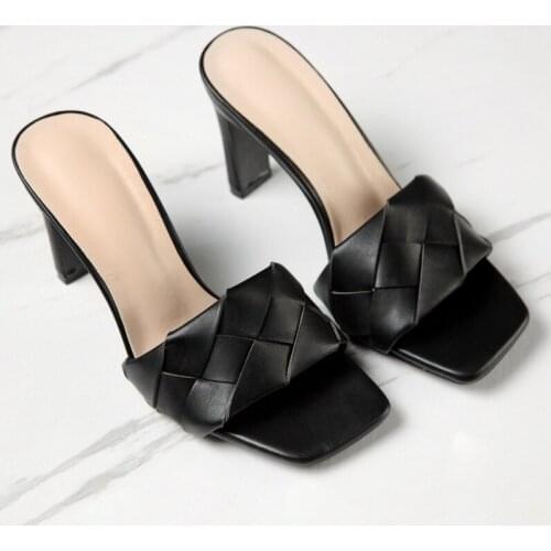 New Arrival Women Weave High Heel Slipper Sandals Ladies Party Dress Square Toe Heels Shoes White