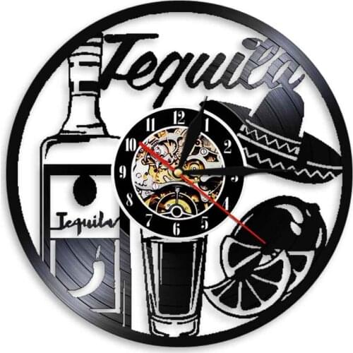 Beverage Drinking Vinyl Record Wall Clock Tequila Time Wall Art Watch Silent Quartz Vintage Timepiece Drinking Bar Wall Decor