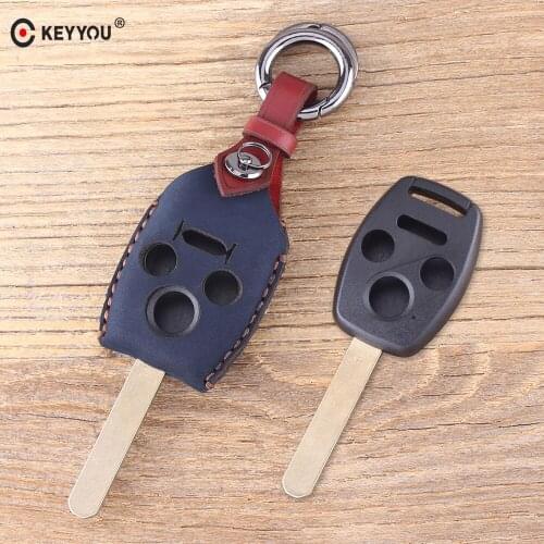 KEYYOU Genuine Leather Key Case Fob Cover For Honda Odyssey Rigeline Accord 2 Buttons Remote Key Shell Keychain Fob Case