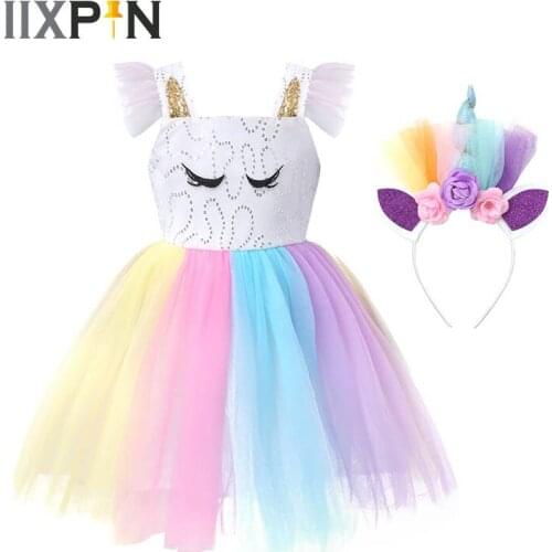 Rainbow Colorful Dress for Girls Tutu Princess Dresses Kids Party Dress Gorgeous Sleeveless Sequins Cosplay Costume Outfits