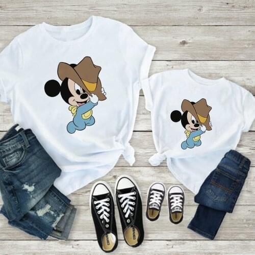 New Summer Short Sleeves T Shirts Cowboy Mickey Funny Matching Family Outfits Harajuku Disney Tshirts Unisex Family Clothes