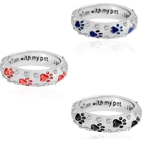 "when I am with my pet" Black Red Blue Footprints Enamel Ring Rhinestones Animal Claw Dog Paw Rings For Women Men Jewelry Gifts
