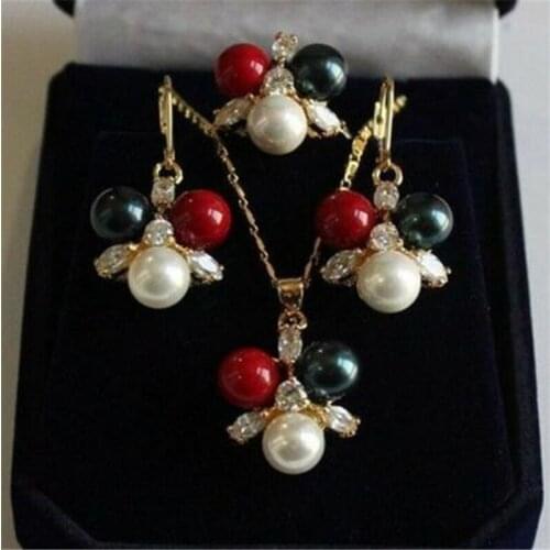 8mm white / Black// Red shell pearl pendant necklace Earring Ring Set