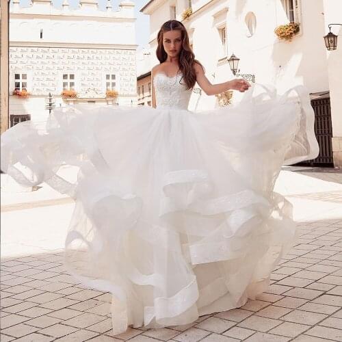 Lace Tulle White Wedding Dresses Vestido De Noiva Shiny Beading Crystal Sweetheart Neck Floor Length Bridal Gowns Mariage