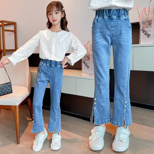 Fashion Jeans For Girls Split with Pearl Design Spring Autumn New Arrivals Clothes Teenager Blue High Quality Denim Flare Pants