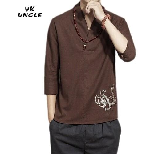 YK UNCLE Brand Chinese Style Dragon Embroidery Men Linen Shirt Three Quarter 2017 Summer Men Shirts Breathable Plus Size M-3XL