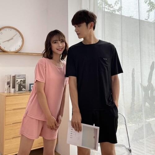 2021 New Ice Silk Couple Pajamas Suit Summer Leisure Round Neck Home Wear Shorts Female Sleepwear Womens Nightgown Nightwear