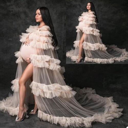 Sexy Tulle Maternity Dresses Tiered Ruffles Floor Length V Neck Lingerie Gown For Photo Wedding Bridal Pregant Women Bathrobes