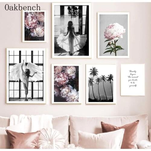 Peony Flower Poster Ballet Girl Canvas Painting Black And White Wall Art Prints Nordic Wall Pictures For Living Room Decoration