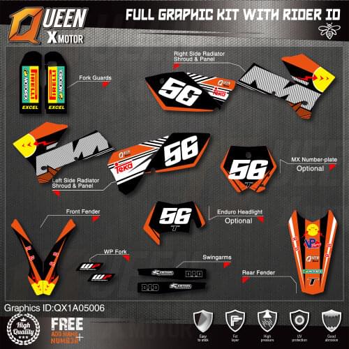 QUEEN X MOTOR Custom Team Graphics Decals Stickers Kit For KTM 2005 2006 SX SXF , 2005 2006 2007 EXC XC-W EXC-F 006