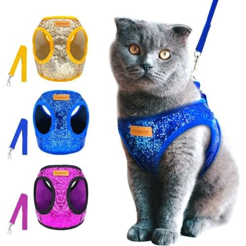 Bling Sequins Cat Dog Harness and Leash Set Adjustable Puppy Kitten Walking Harnesses Vest Traction Belt For Small Dogs Cats