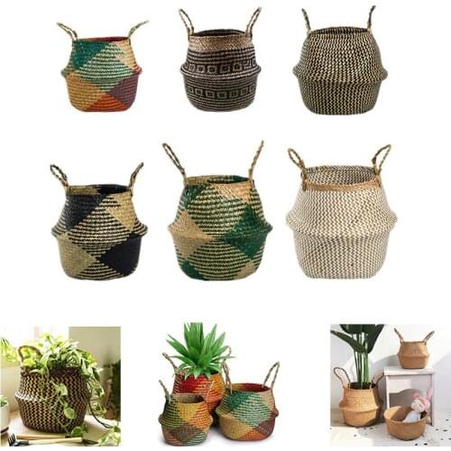 Woven Seagrass Belly Basket Foldable Organizer for Storage Plant Pot Laundry Clothes Picnic Grocery Wicker Basket Home Decor