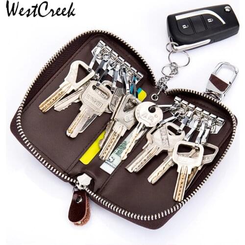 WESTCREEK Brand Oil Wax Leather Car Key Smart Wallet Zipper Key Ring Organizer Simple 12 Key Hooks Holder