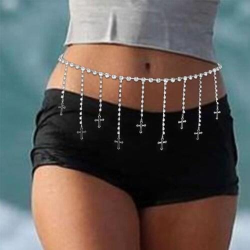 Stonefans New Jesus Cross Pendant Crystal Belly Chain Religion Body Accessories for Women Cross Long Tassel Waist Chain Jewelry