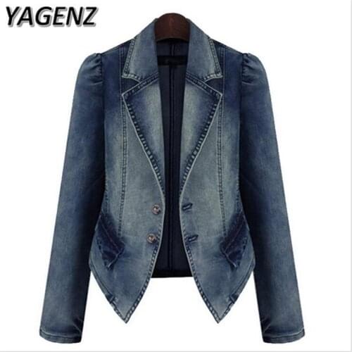 YAGENZ 2020 Large size Autumn New Women Denim Jacket Basic Coats Vintage Long sleeves Slim Female Jeans Jacket Casual Tops 5XL