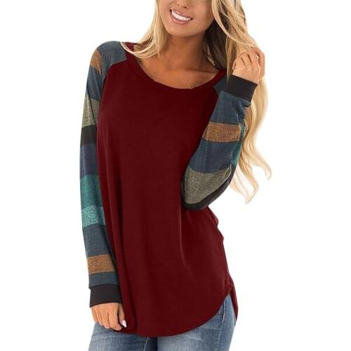 Womens T Shirts Casual Plus Size O-Neck Long Sleeve Loose Tunic VBlouse Tops Fashion Patchwork Tshirt Oversized T Shirt