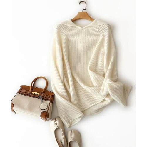 2021 europe fashion style 100% cashmere hood sweaters women winter loose softness knitwear