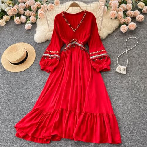 2021 Early Antumn Womens Dress Retro Folk Style V-neck Embroidery Stitching Ruffle Dress New Female Loose Dresses E093