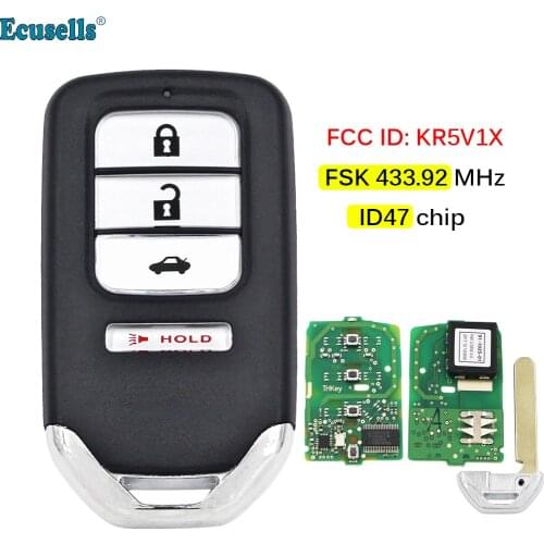 3+1 Button Smart Remote Key FSK 433.92MHz 47 Chip for Honda Civic Accord Acura MDX RDX ILX TLX 2014-2019 FCC ID: KR5V1X