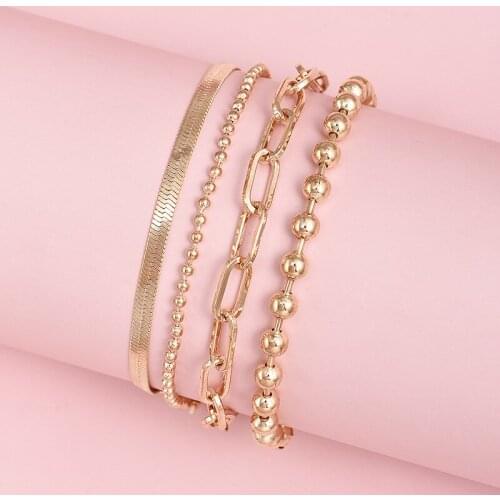 4 Pcs/Set Boho Gold Color Beads Snake Chain Anklets Set Vintage Multilayer Link Chain Anklets for Women Jewelry Accessories