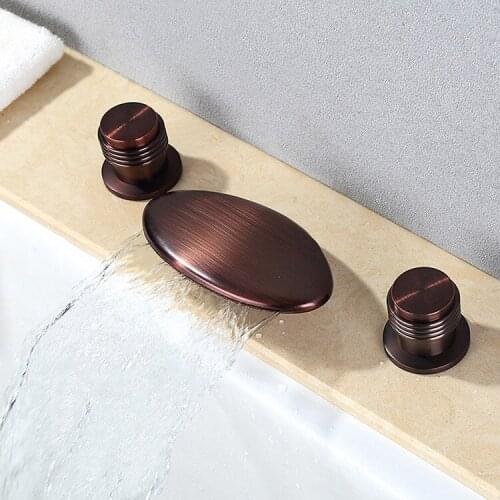 Antique brown solid brass Waterfall bathroom sink faucet art Double handle three holes High-quality basin mixer faucet-B