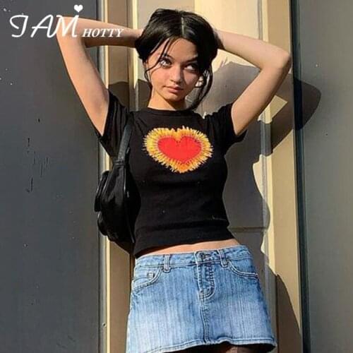 Black Goth Dark Academia Fashion Heart Print Crop Top Tee Women Harajuku Cotton Short Sleeve Girls T-shirts Summer 2021 Iamhotty