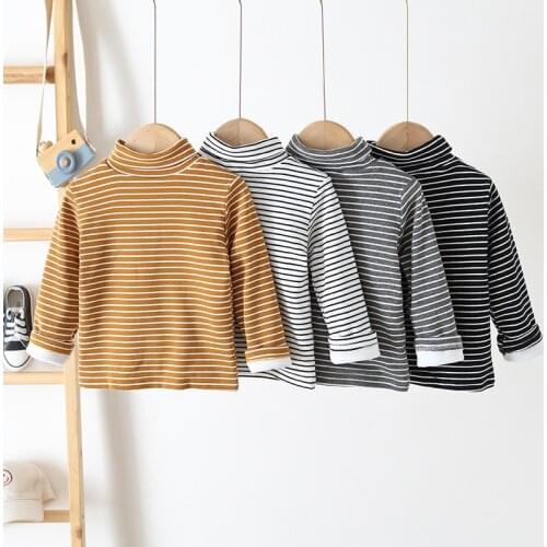 Childrens Clothing Autumn Winter Kids Turtleneck Bottoming Shirts Striped Cotton Plus Velvet Thicken Warm Tshirt For Girls Boys