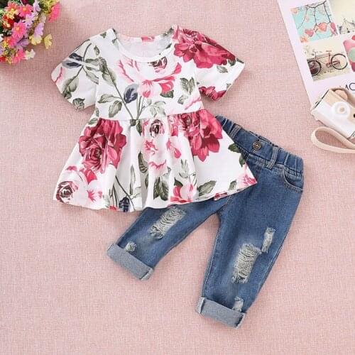 2Pcs Toddler Ruffle Outfits Short Sleeve Floral Girls Shirt Tops + Denim Pants Ripped Jeans Baby Girl Clothes Sets